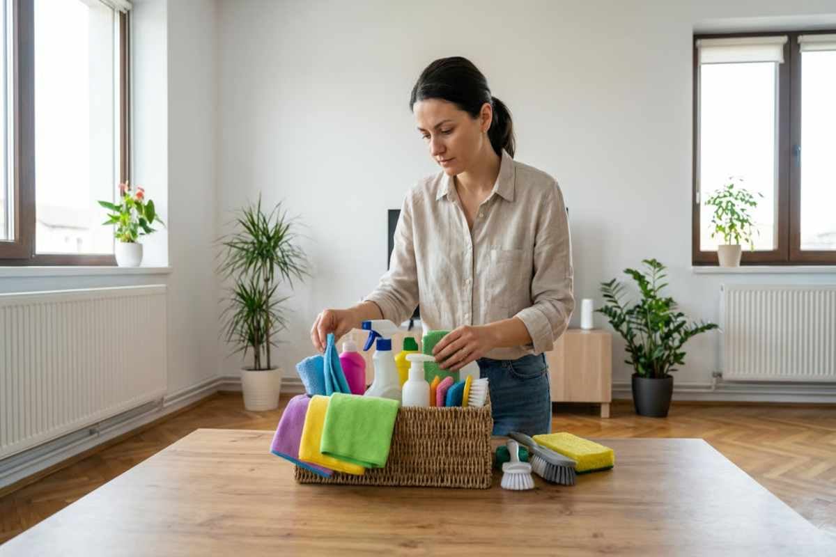 1. Cu ce se incepe curatenia in casa_Ghid practic pentru o locuinta organizata si impecabila_Persoana organizand produsele de curatenie si uneltele necesare pentru curatenia generala