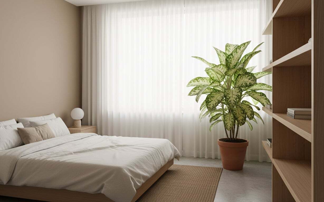 11. Dieffenbachia in dormitor (dieffenbachia integrata in designul unui dormitor, stil minimalist, planta matura)