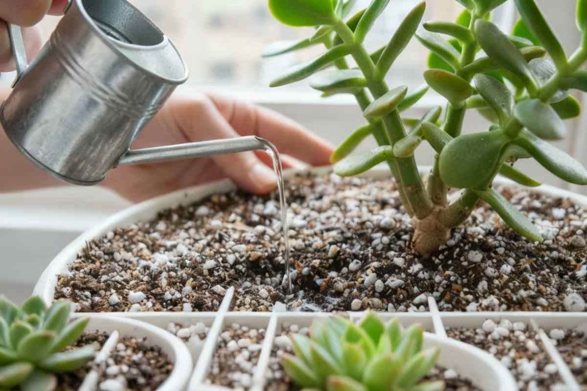 2. Solul si udarea_O persoana care se ocupa de udarea plantei Crassula, ghiveci