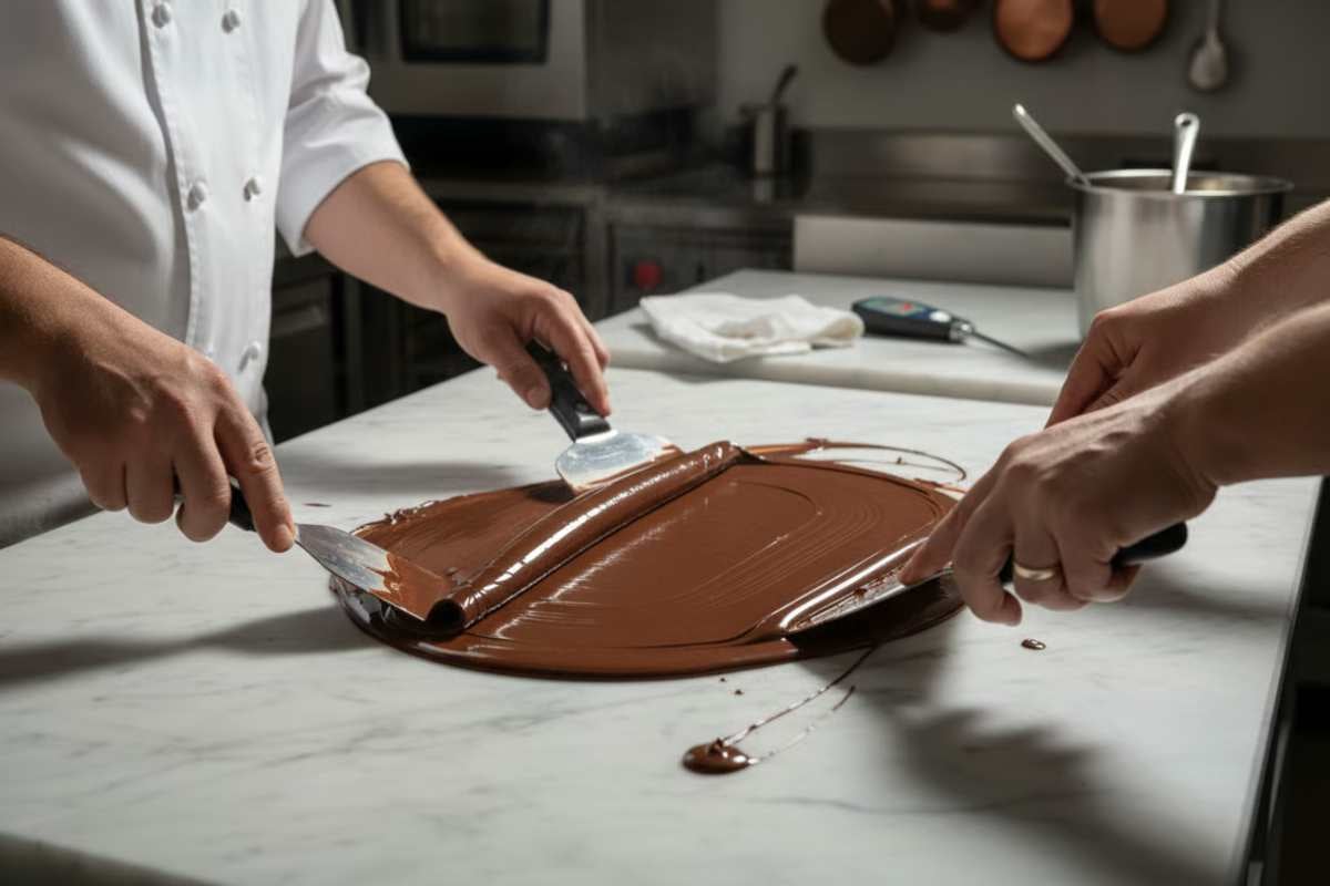 3. Metode de temperare a ciocolatei_Persoane care prepara ciocolata, ciocolata temperata, masa, bucatarie, echipamente, vase