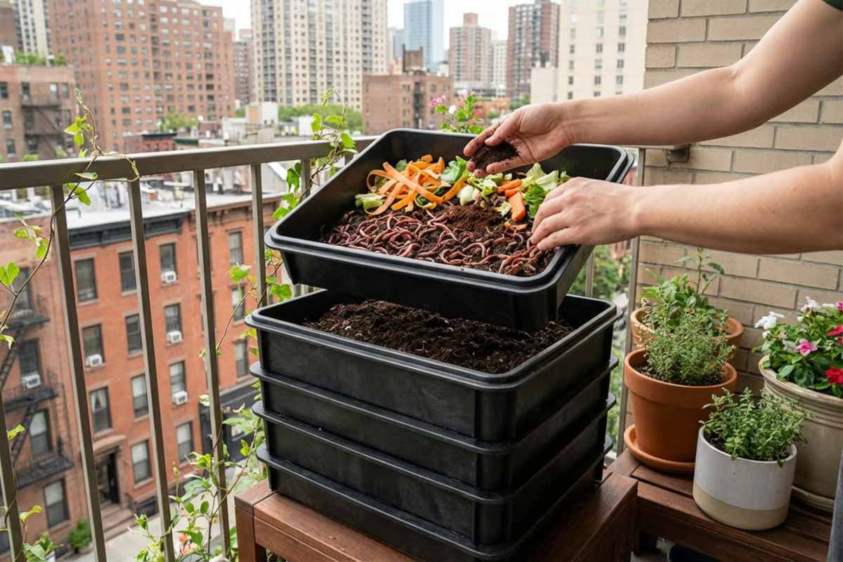 5. Compost rapid - tehnici pentru accelerarea procesului_Persoana adaugand compost natural in ghivece, balcon, peisaj urban