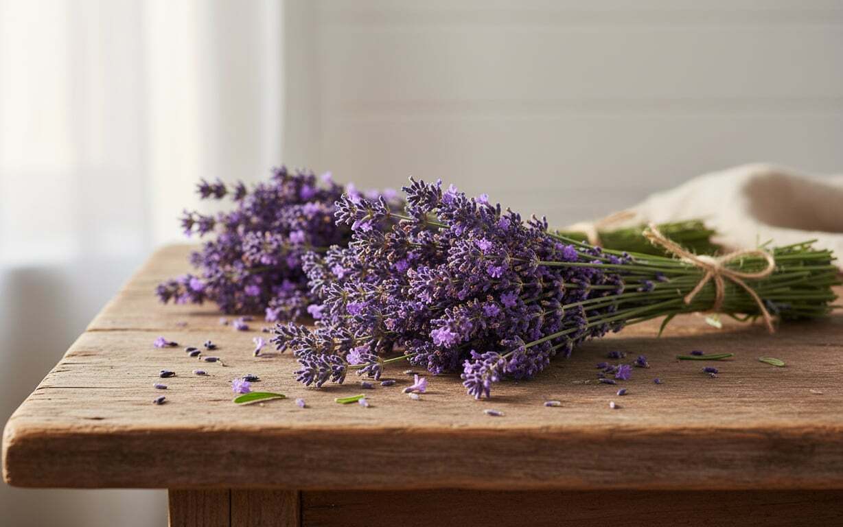 5. Inflorirea si inmultirea lavandei (manunchi de lavanda, flori mov parfumate, masa din lemn masiv)