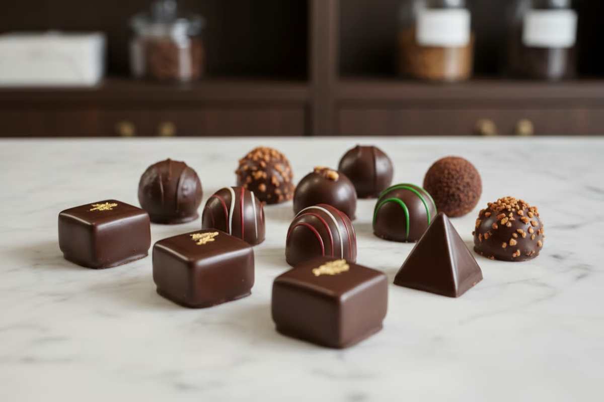 6. Aplicatii practice ale ciocolatei temperate_Diferite modele de bomboane de ciocolata, masa, boluri cu ingrediente, dulap, bucatarie