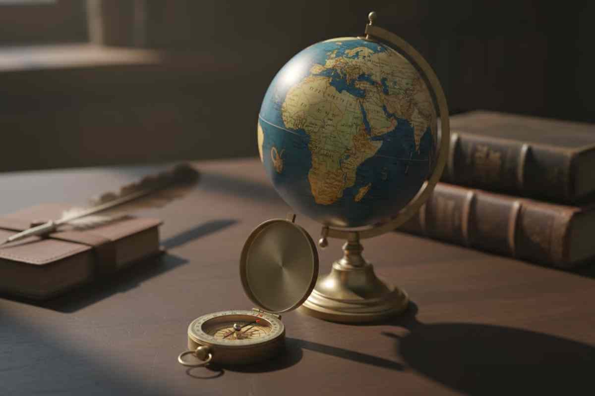 7. Cadouri pentru sot - surprize pentru sotul tau_Aranjament artistic cu busola vintage si glob pamantesc, simboluri ale aventurii