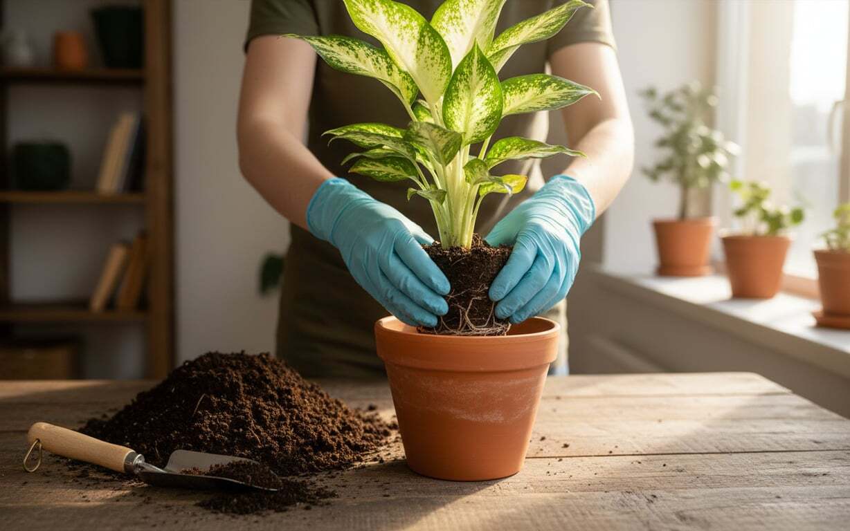 9. Replantarea si schimbarea ghiveciului (persoana care replanteaza dieffenbachia, planta matura, sol)
