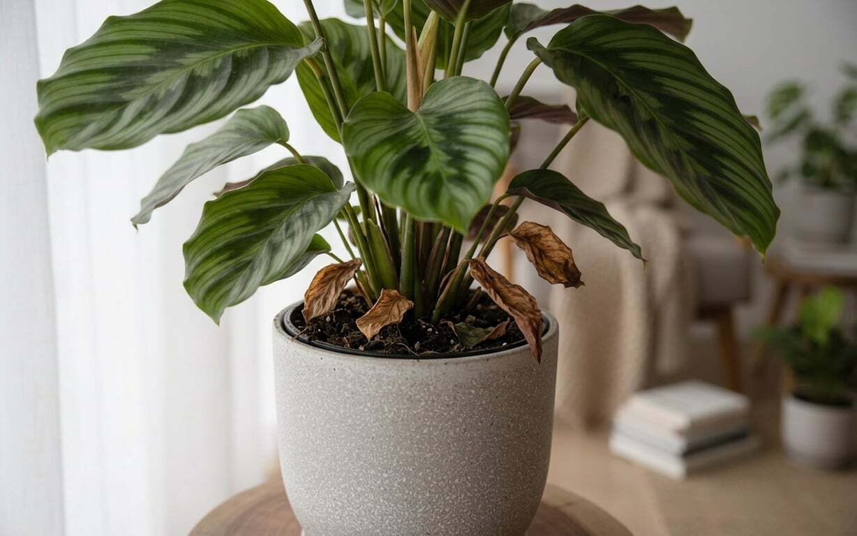 De ce se usuca frunzele la Calathea  (calathea cu frunze uscate la baza, planta de casa, ghiveci ceramic)