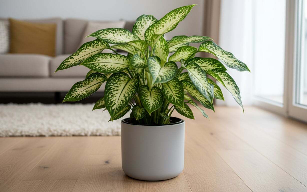 Dieffenbachia (dieffenbachia intr-un ghiveci alb, sufragerie moderna, parchet, covor alb pufos)