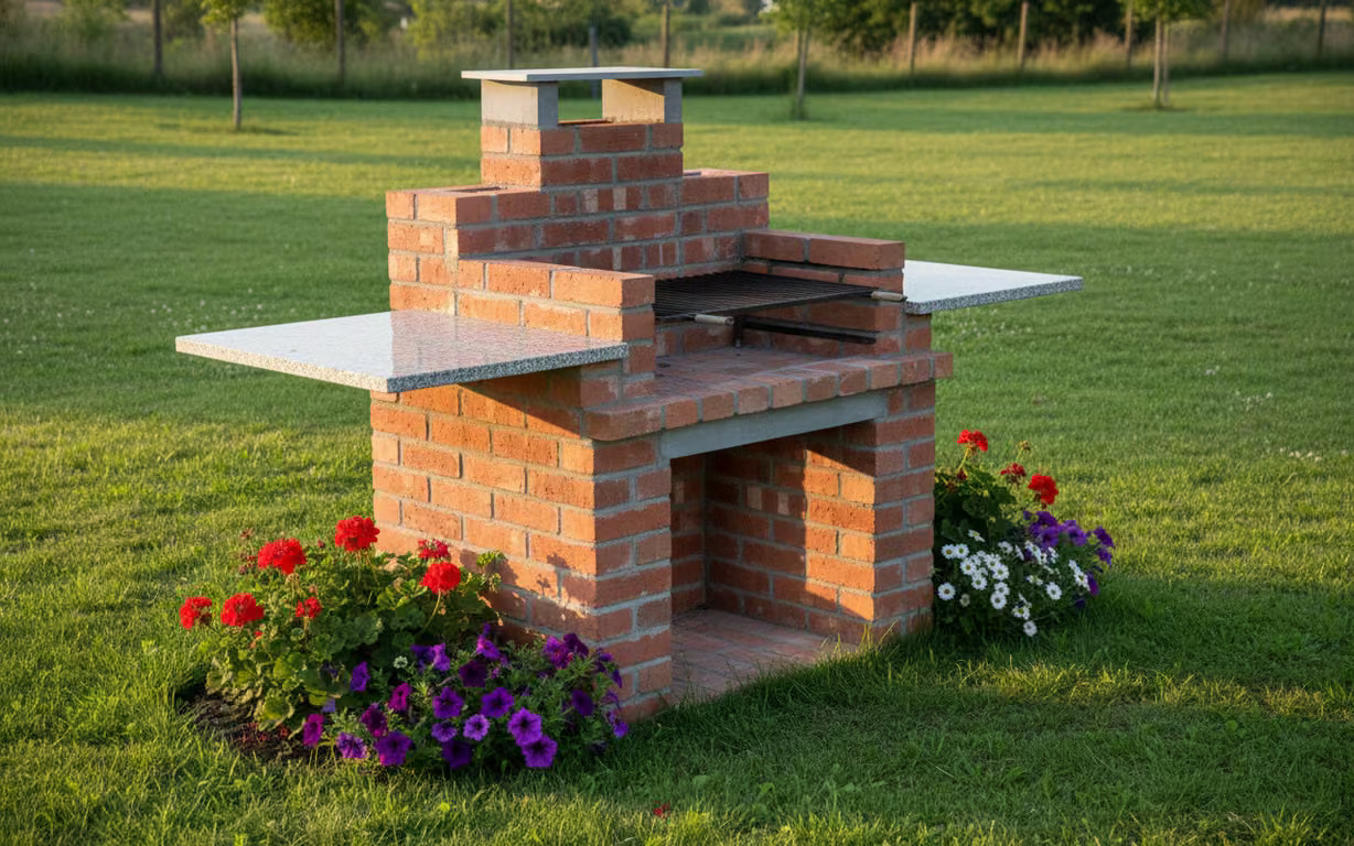 Gratar din caramida finalizat cu blat de lucru si grilaj, amplasat in gradina