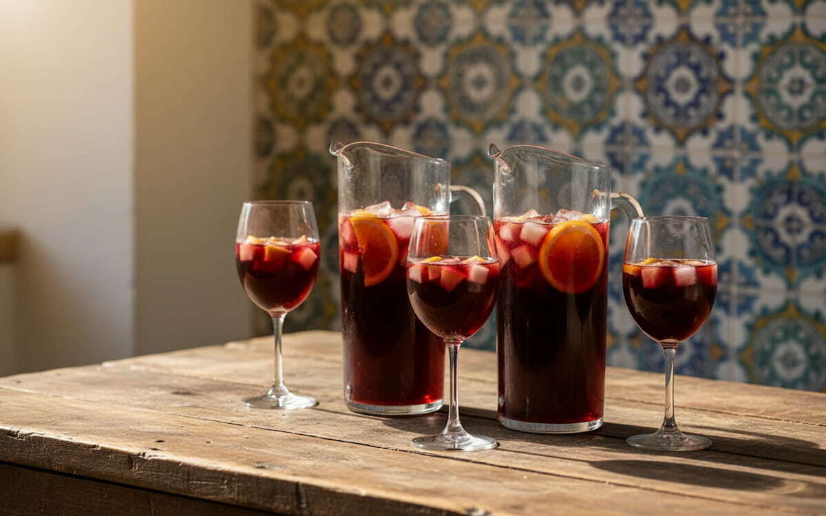 Sangria traditionala spaniola in pahare si carafe pe o masa din lemn