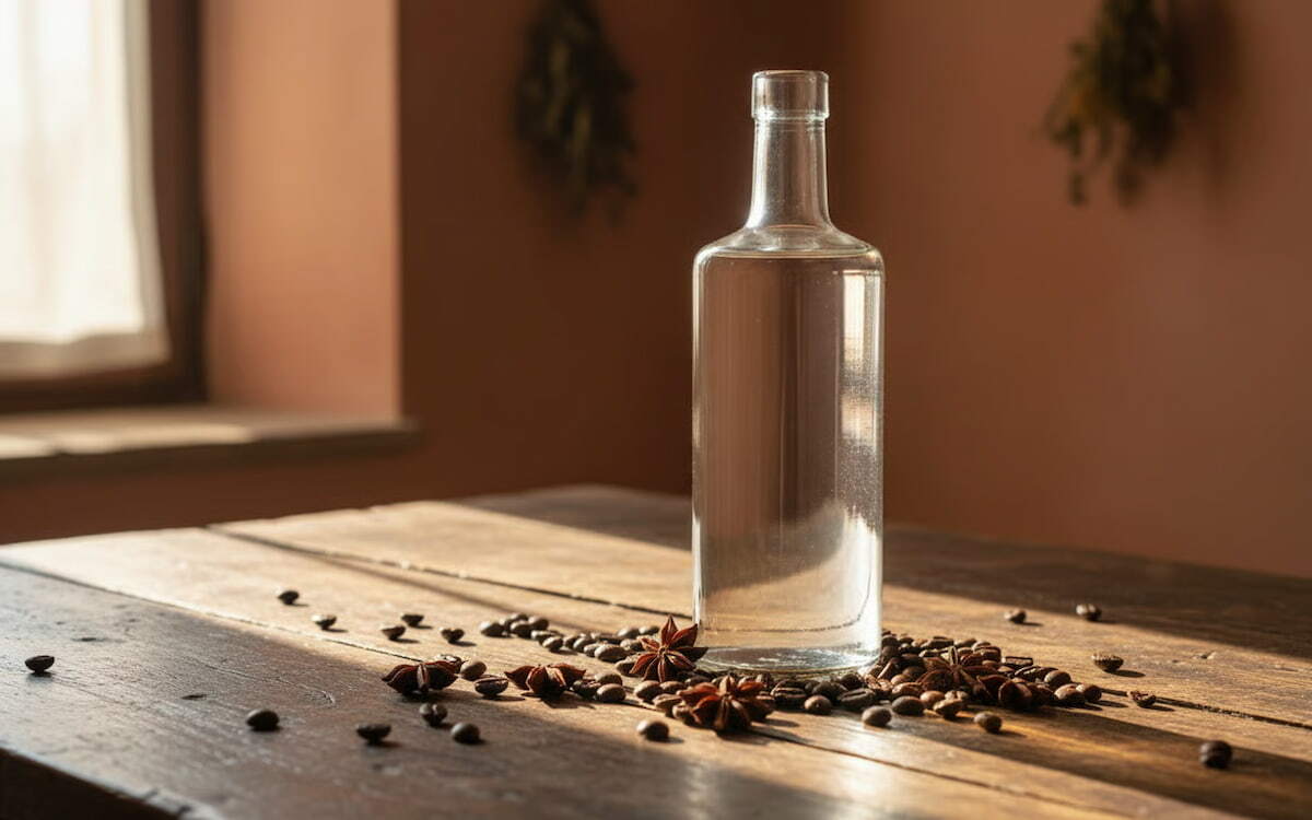 Sticla eleganta de sambuca cu ingrediente traditionale italiene