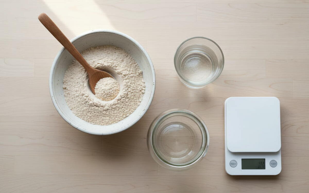 boluri si ingrediente pentru preparat maia naturala alaturi de un cantar de bucatarie